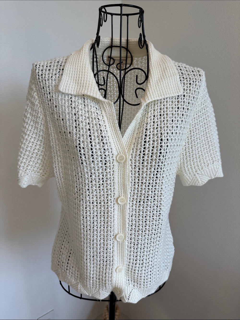 No Comment Cream Crochet Knit Short Sleeve Polo Cardigan Sweater Large